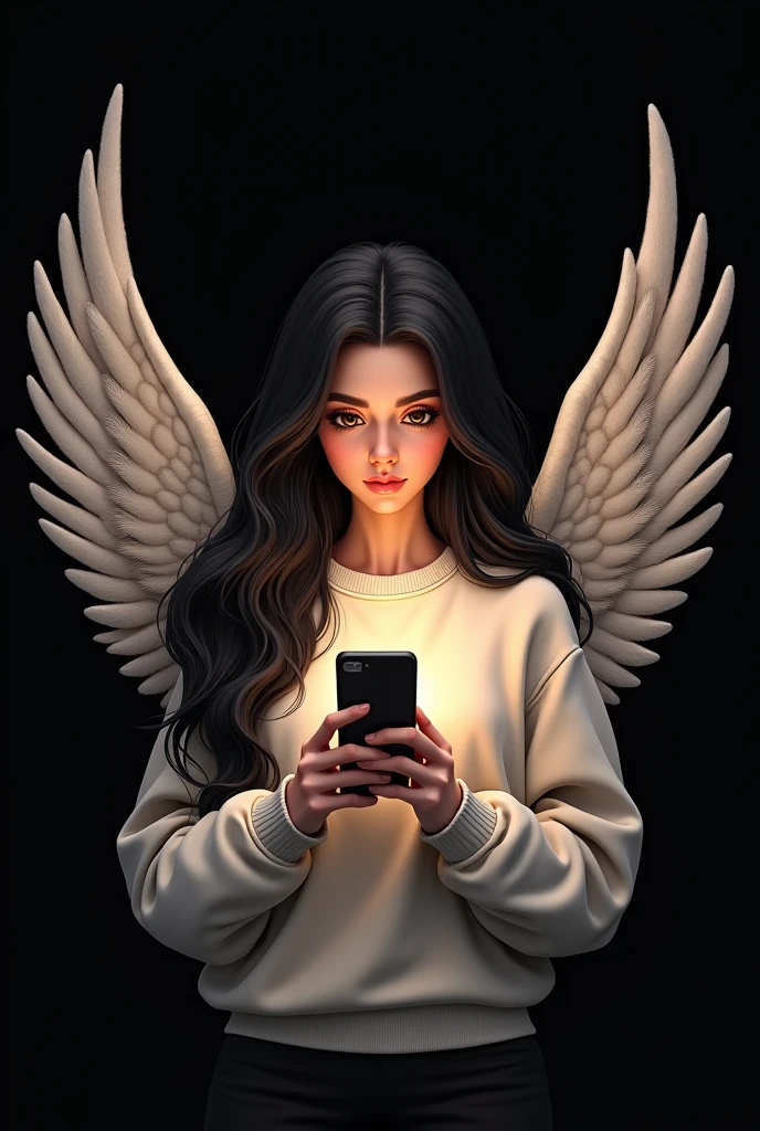 Can you create a logo for me where there is a girl with long black hair, brown eyes and a sweatshirt that has big, long angel wings and headphones playing with her cell phone and below it has the letters " THE ROSE OF COD" in Spanish that the letters stand out very subtly and with the black background