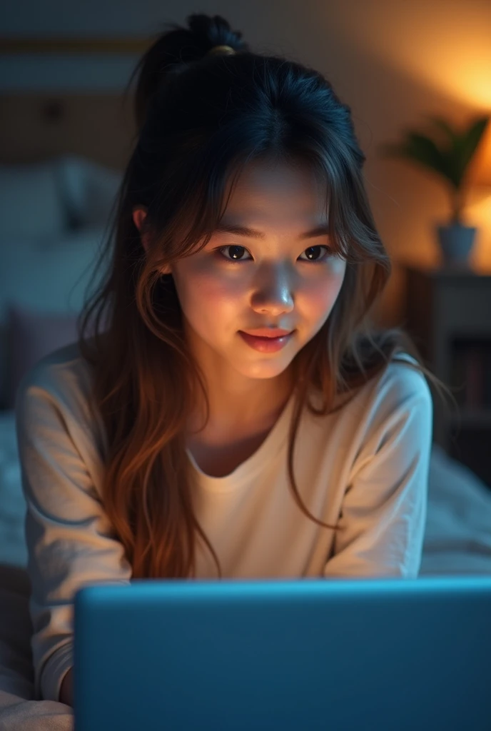 An image of a young woman watching YouTube and the screen is visible