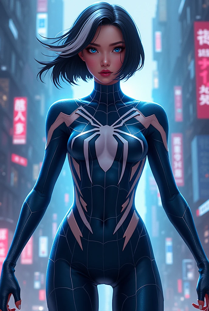 spider panel verse asian spider woman with white streak and short black hair with navy blue eyes