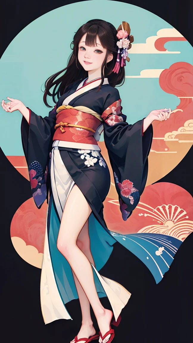 A beautiful woman smiles and shows her upper white teeth、Vividly colored Japanese Ukiyo-e style illustrations、(SeaArt creates stunning illustrations of beautiful women in kimono)、Brown-black long hair、Beautiful full body style、Let&#39;s dance a little Tokyo Ondo Yoiyoi、Beautiful new digital paintings,、Bright vibrant digital anime art、 Detailed digital anime art、 Beautiful anime portraits、background、Torii gate of a shrine in Kyoto, Japan、Detailed CG、