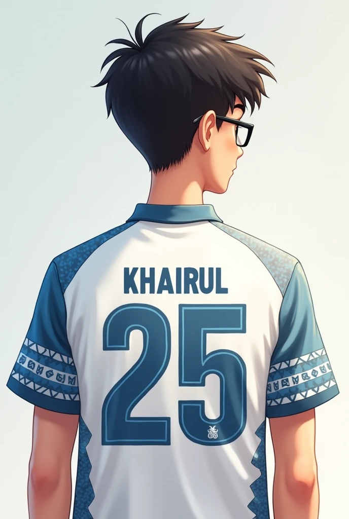 "A 20 years old male wearing glasses,have a thick lips,small eyes,height 165,wearing white shirt with short sleeves number 25 on the back and name "khairul" writen and blue pattern,bright skin,no tattoo and he look religious and HE IS WEARING GLASSES"