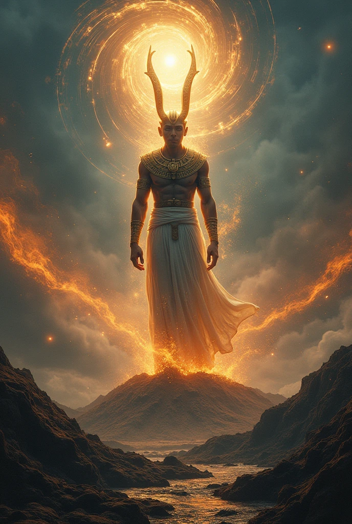 "Atum, the solitary Egyptian god, emerging from the chaotic waters of the primordial universe. He stands on the primordial hill, with a detailed and chaotic background. The image should capture the sense of desolation and creative power of Atum. (best quality), ( masterpiece), (realistic), (detailed), portrait, close-up, stunning gradient colors, no watermark signature, detailed background, incredibly detailed (masterpiece), absurd, HDR"