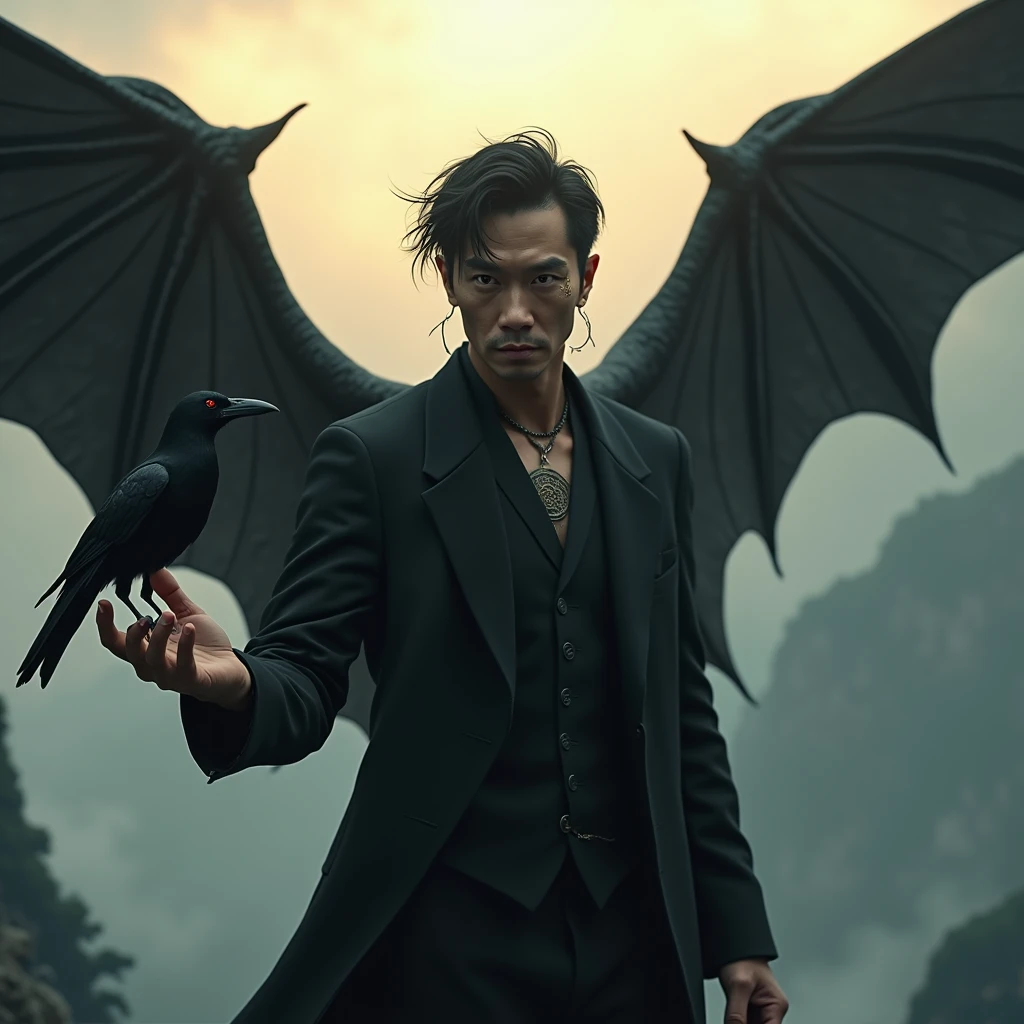 Angel asian male 40 years old, pale skin, luminescent red eyes, black hair, big and black bat wings, wearing black suit, with piercings and old tattooed symbols, holding a crow on top of mountain in sunrise., messy hair, Hyperrealism, god rays, glowing light, UHD, anatomically correct, 1080P