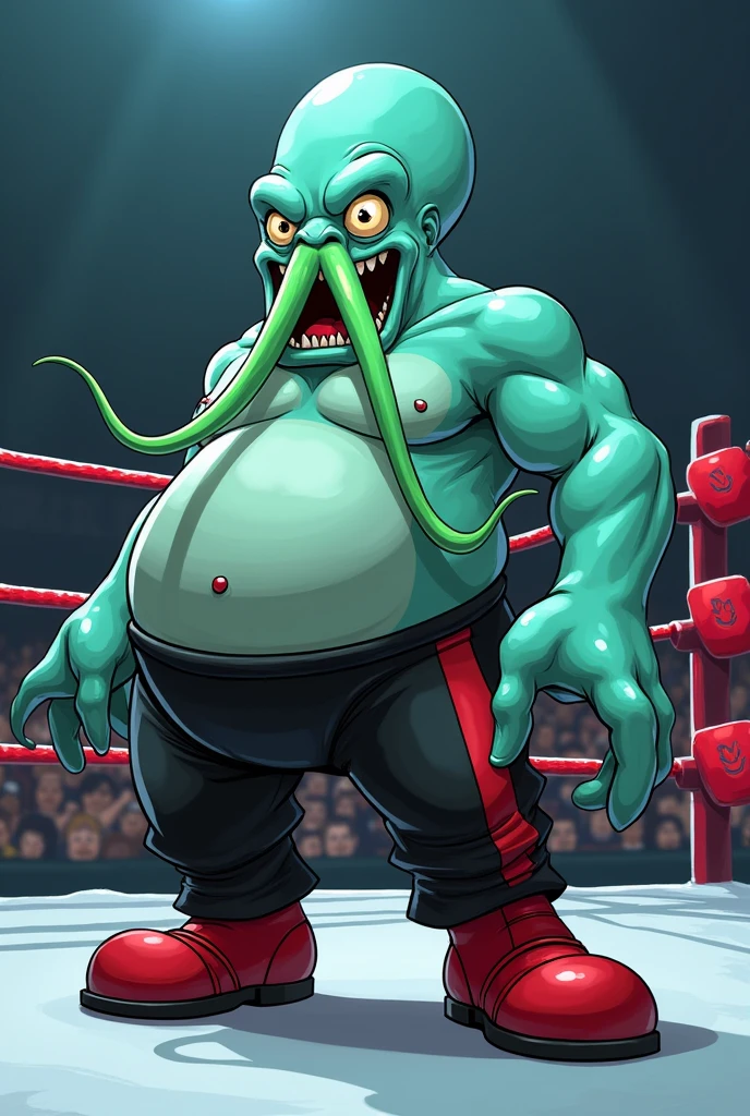 cartoon squid dressed like WWE wrestler George the animal Steel

Cartoon squid body. Cartoon squid face. Cartoon squid arms. Cartoon squid hands. Cartoon squid legs.

Chunky. Lurking. Dragging arms


Green tongue. Bald. In a wrestling ring.

Black pants with red stripe. Red wrestling boots. 