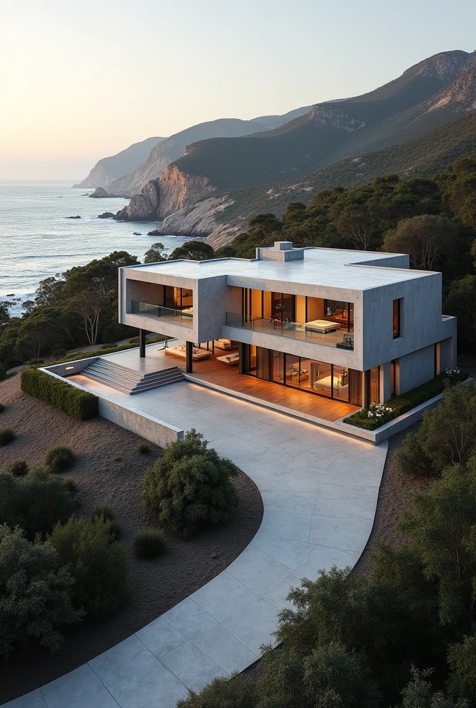 large luxury concrete house in a rural Western Australian coastal port city, coastal port city, luxury house, cyclone-proof, safe, safe from storms, drone shot from above, stable ground, house has driveway, nearby highway, ultrarealistic, soft lighting, 8k