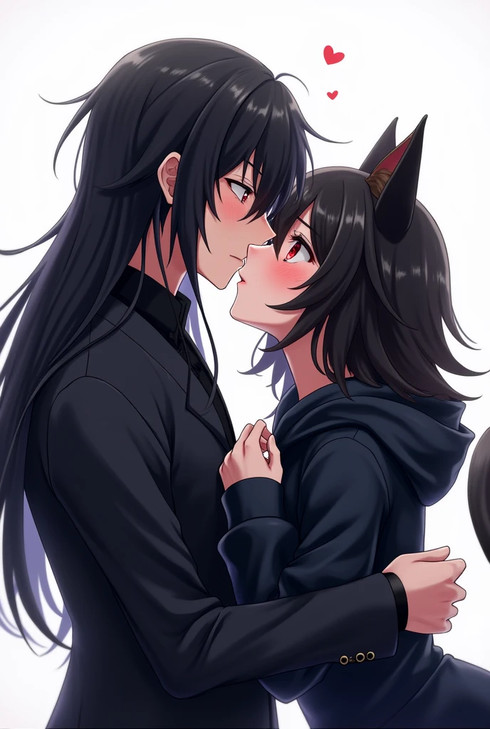 Black haired anime boy in black coat kissing a red eyed girl in black hair cat ears red hoodie white background 