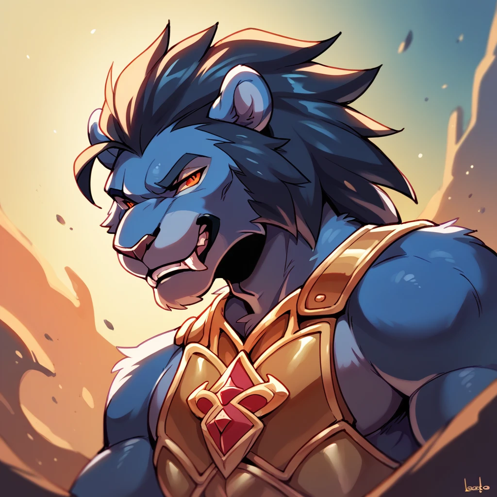 leobo, score_9, score_8_up, score_7_up, score_6_up, Evil Lion , with ebony black fur and lapis lazuli eyes in demonic armor