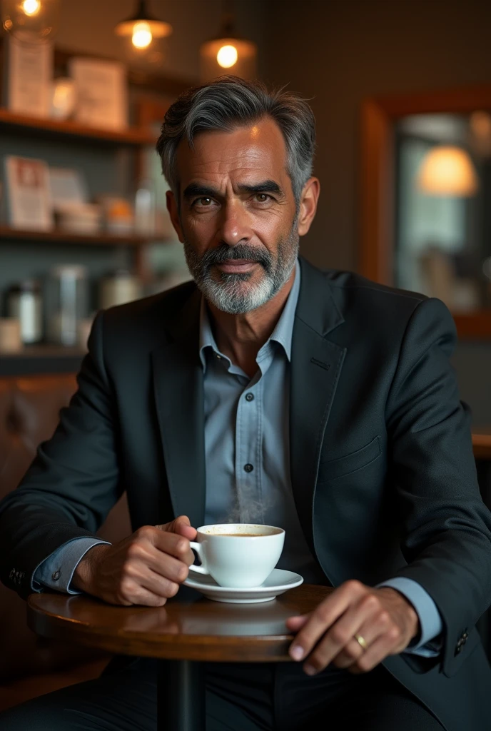 Somali boy age 40 years old wearing suit sitting in the coffee shop seening the camera