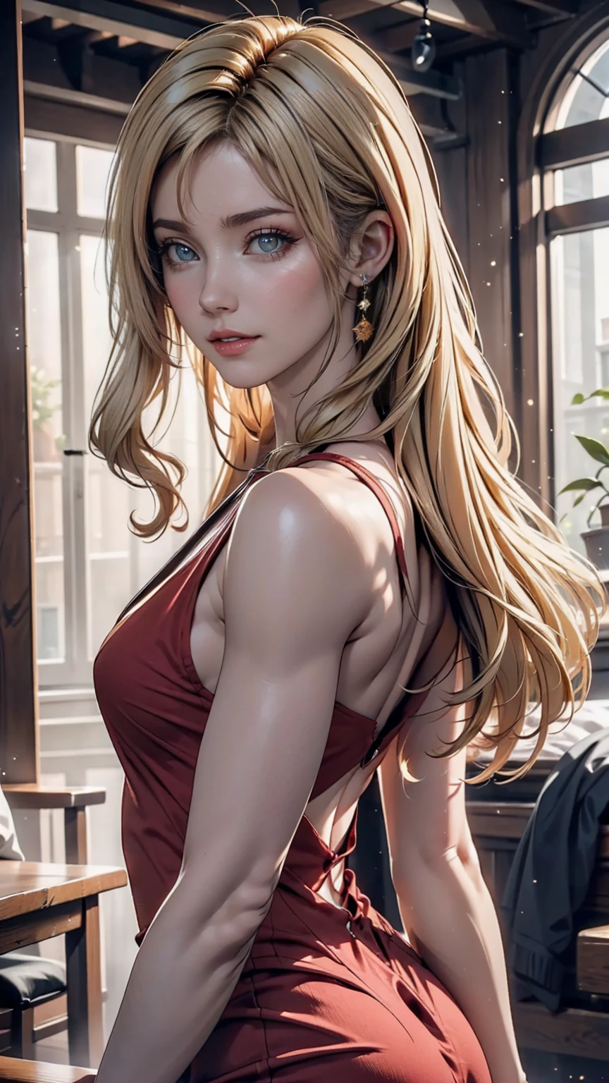 (Photo of your face:1.2), woman (Amber Heard), Red dress, blonde, Amorous