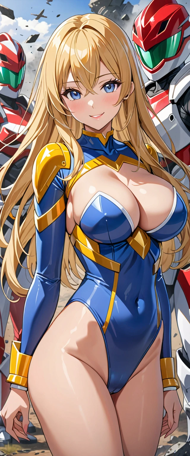 ((masterpiece)), ((Ultra quality)), ((super detailed)), ((high resolution)), ((8k)), a beautiful woman, ((She is one of the most famous actress in the world.)), unparalleled beauty, ((large breast:1.5)), ((large ass)), ((deep cleavage)), slim waist, chest out, ultra detailed face, perfect skin, (((waist length hair, ((long straight golden hair)), crossed bangs))), ((blue eyes)),  detailed eyes, whole body image, sexy, an inviting smile, sensual, (((anime))), ((glamorous)), sexual attraction ,((Age 25)), ((incredibly beautiful woman)), ((The H cup bust)), ((Gravure pose)), ((neat and clean.)), (((Power Ranger with only beautiful woman))), ((Talented woman)),  (((high leg cut leotard, white line on blue colored leotard Power suit, Side Skirt Armor))),  ((beautiful breasts)), beautiful legs, 8 life size, anime:1.4, the most beautiful and strongest, ((Sexual attraction)), ((British beauty)), ((An elegant smile)), battlefield,