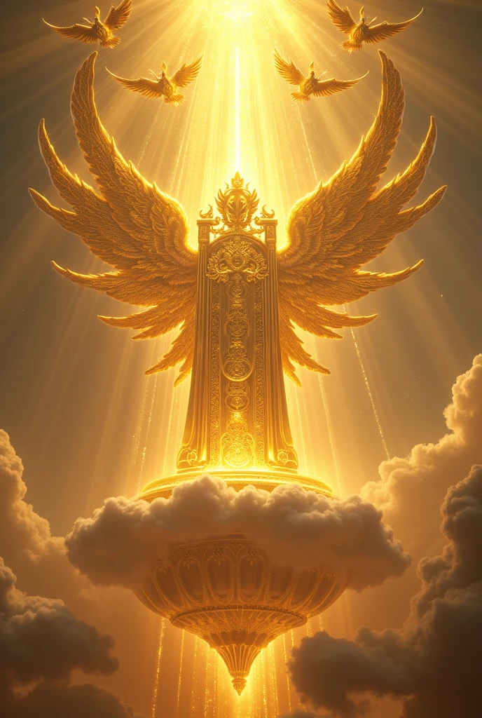 Big golden giant throne with lots of light and white thunder and lightning and sitting a very bright silhouette of a man with a transparent crown with lightning inside his body, with lots of bright light and great power, angels with lots of light around them serving, golden floor like crystal