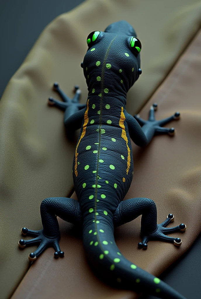 A company logo that is a black tropical gecko with some spots on the trunk of the pink and yellow skin and green eyes and the curved cloth for application in corporate uniforms. It must be seen from above as if it were walking on the ground with all four legs facing away from the image. The animal needs to be showing the entire back of the animal towards the image with its head facing north looking into the image with its back to the observer.