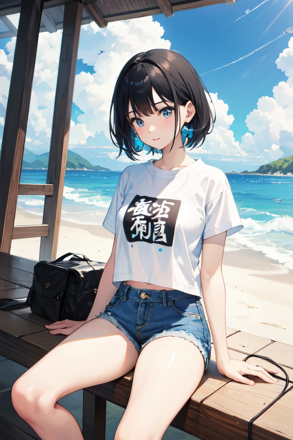 One girl、Beauty、Black Hair、Bob Hair、trimmed bangs、A soft smile、Light blue eyes、White T-shirt、Short T-shirt、Beautiful belly、Denim hot pants、Beautiful thighs、The background is a beautiful sea、Morning time、Around 20 years old