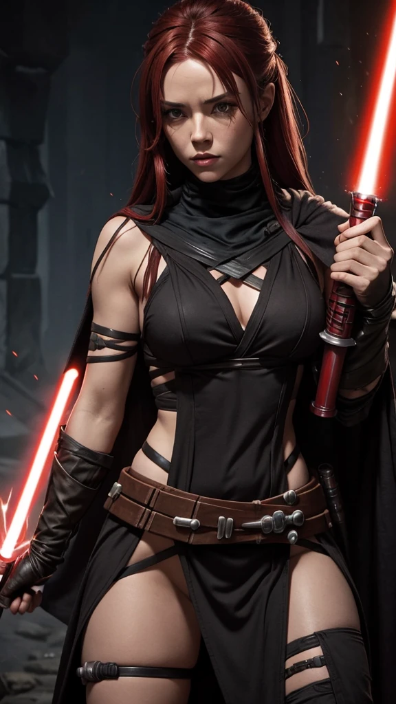 nsfw, jedi, battle damaged clothes, exposed skin, sith mother, jedi daughter, dark red hair, slave armor, lightsaber duel