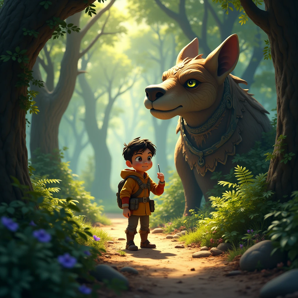 "Young Kael confidently solves the creature's riddle, his eyes shining with intelligence as he continues deeper into the forest."