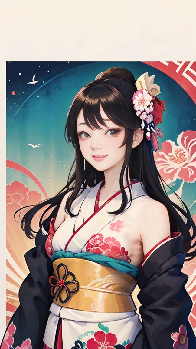 A beautiful woman smiles and shows her upper white teeth、Vividly colored Japanese Ukiyo-e style illustrations、(SeaArt creates stunning illustrations of beautiful women in kimono)、Brown-black long hair、Beautiful full body style、Let&#39;s dance a little Tokyo Ondo Yoiyoi、Beautiful new digital paintings,、Bright vibrant digital anime art、 Detailed digital anime art、 Beautiful anime portraits、background、Torii gate of a shrine in Kyoto, Japan、Detailed CG、