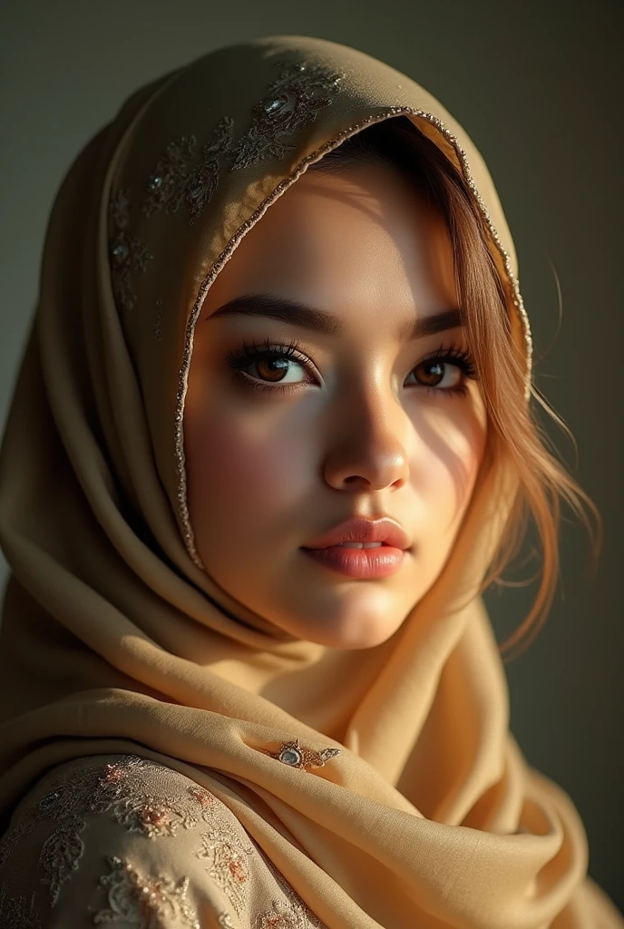 a hijab-wearing woman Russia malay, beautiful detailed eyes, beautiful detailed lips, extremely detailed face and skin, long eyelashes, ornate hijab, serene expression, natural lighting, warm color tones, cinematic composition, highly detailed, hyper realistic, masterpiece, 8k, photorealistic. Bikini . Bras red. Nude body..