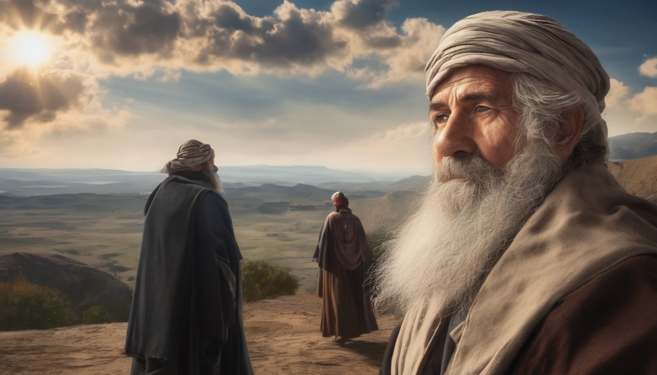 2 Old prophets, long white beard, no profile, dark landscape, biblicalphotorealistic, 8k, super detaill, precise, best qualityer.