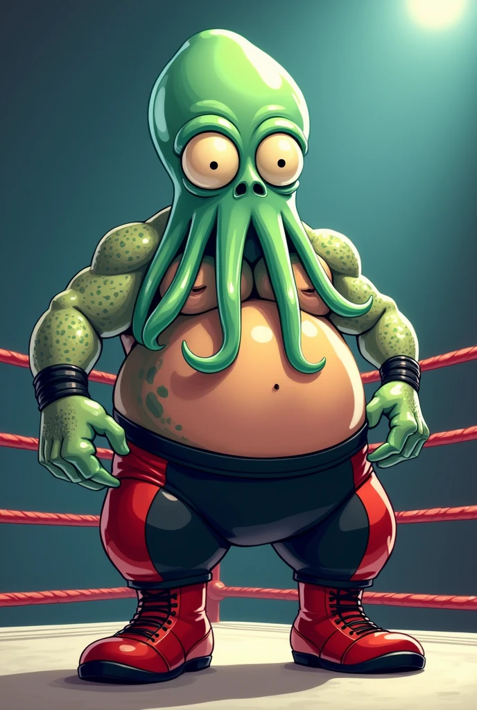 cartoon squid dressed like WWE wrestler George the animal Steel
Cartoon squid body. Cartoon squid face. Cartoon squid arms. Cartoon squid hands. Cartoon squid legs.
Chunky.
Green tongue. Bald. In a wrestling ring.
Black pants with red stripe. Red wrestling boots.