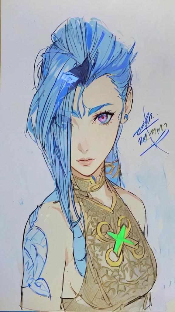 drawing of a woman with blue hair and a green scissors, full color drawing, colored drawing, high quality colored sketch, portrait of jinx from arcane, colored sketch, samira from league of legends, girl with blue hair, portrait knights of zodiac girl, colored lineart, inspired in kris from deltarrune, a color pencil sketch, color drawing, anime style character