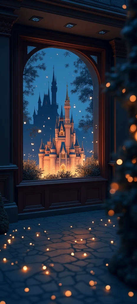 A scene from a store window. The background of the scene is dark blue with the shadow of the Disney castle and star sparkles and magic. Without any object or character in the scene