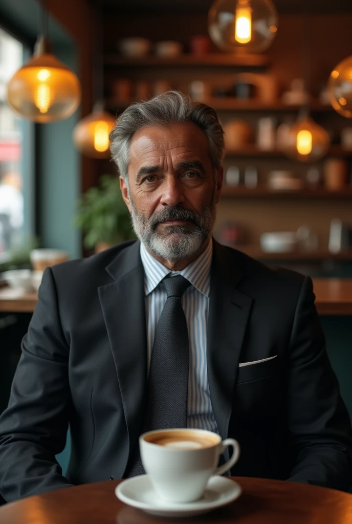 Somali boy age 40 years old wearing suit sitting in the coffee shop seening the camera 