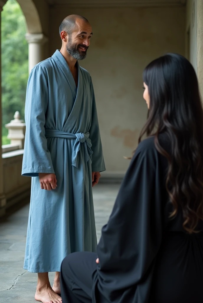 
Realistic close up scene of a single 40 year old man, hairless, white black short haired caucasian, barefoot western, standing, wearing a light blue suit, pants and a doctor or monk style jacket Spiritual, with a relaxed attitude and a slight smile. Without beard. In a spiritual environment, interacting with a white western woman with long black hair, what is medium, wearing black clothes. The man is next to the woman and the woman is sitting. The man WITHOUT a beard 

