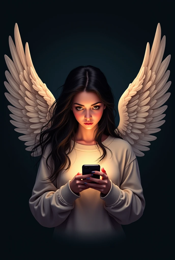Can you create a logo for me where there is a girl with long black hair, brown eyes and a sweatshirt that has big, long angel wings and headphones playing with her cell phone and below it has the letters  " THE ROSE OF COD" in Spanish that the letters stand out very subtly and with the black background
