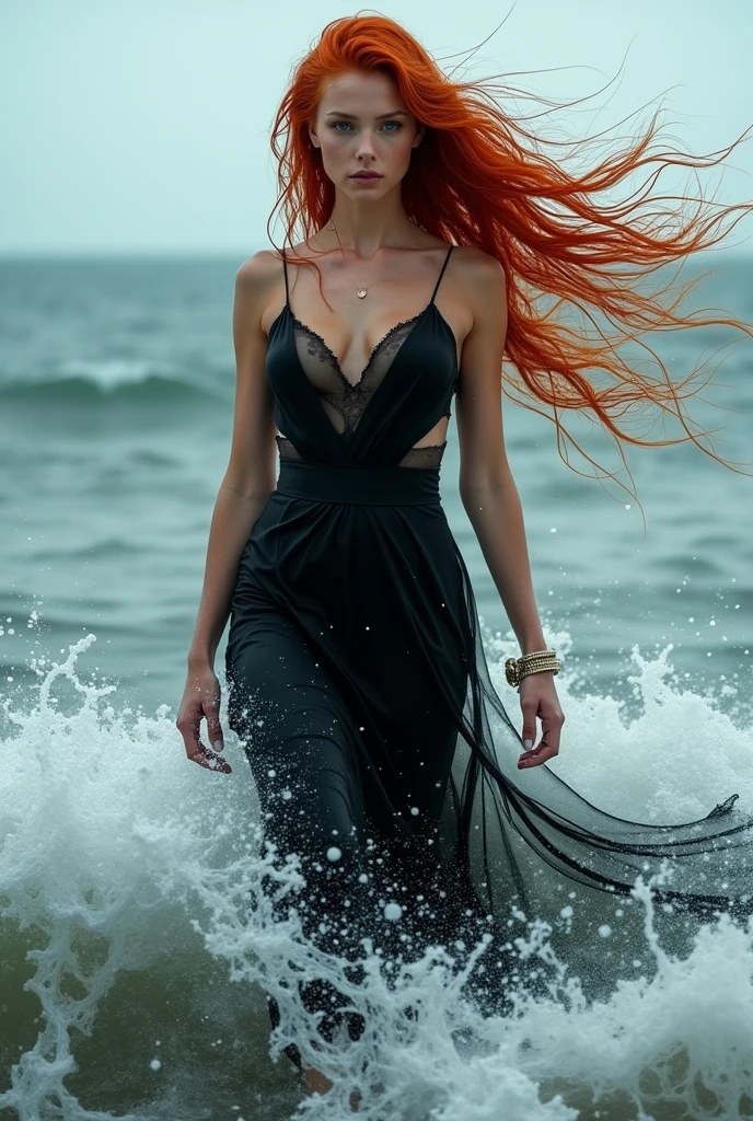 There is a woman in a black dress standing in the water, windy long red hair, royal photo shoot queen of the oceans, very long and loose red hair, coming out of the water, young red-haired girl in motion, In the sea, in shoulder-deep water, Breaking waves, coming out of the ocean, Her hair fluttering in the wind, wet skin and hair blown by the wind