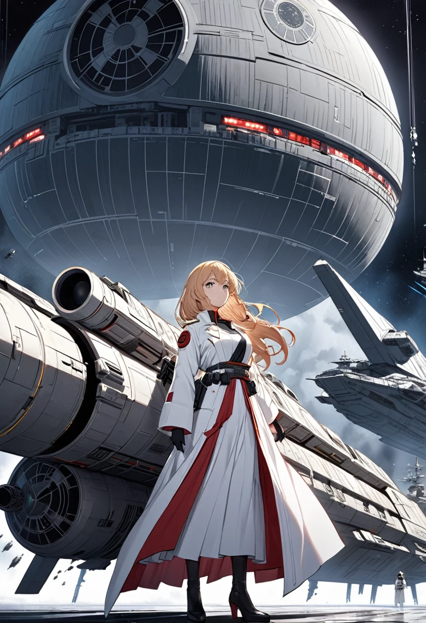 A woman in a white coat is standing with an assault rifle Space Battleship Yamato Death Star