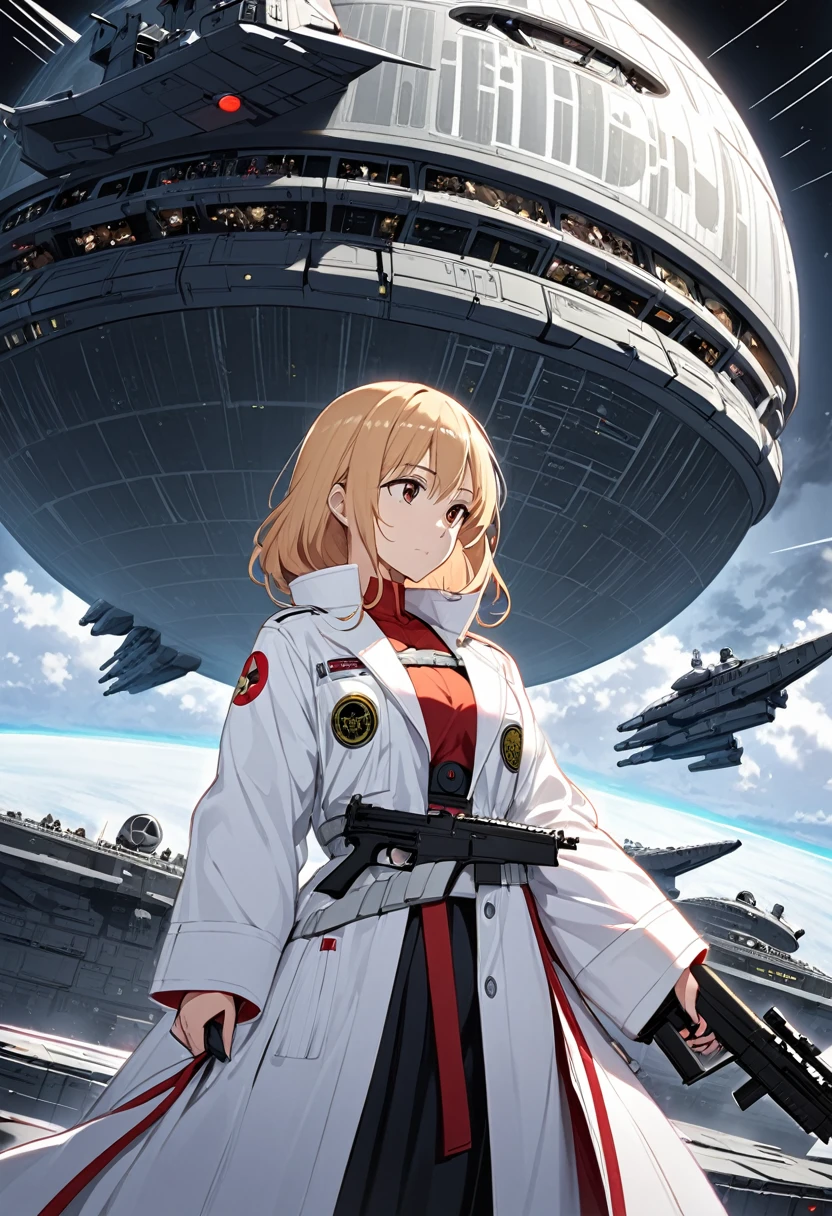 A woman in a white coat is standing with an assault rifle　Space Battleship Yamato　Death Star