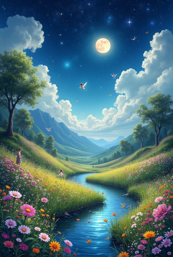 A land full of flowers, sparkling river water, also the full moon and stars in the sky inhabited by many little fairies 