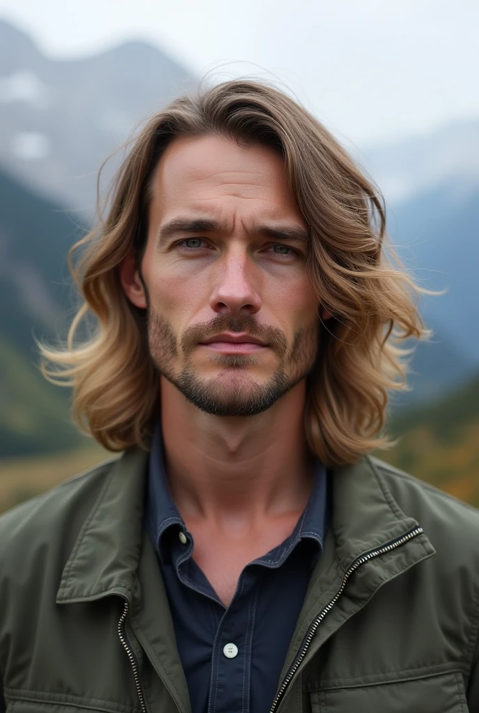 There is a man standing in a mountainous area. He is quite masculine, in his late twenties, and has shoulder length hair. His hair is thick and dark blonde, having a waviness to it and curls at the base of the neck. His hairstyle is a middle part flow, with layered hair. He has a trimmed beard.