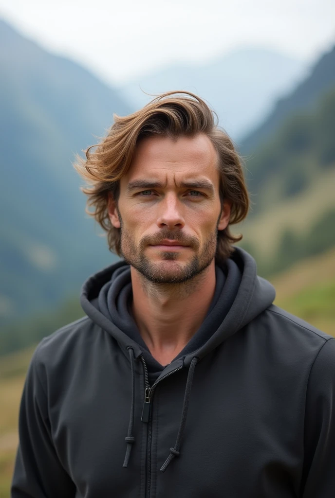There is a man standing in a mountainous area. He is quite masculine, in his late twenties, and has shoulder length hair. His hair is thick and dark blonde, having a waviness to it and curls at the base of the neck. His hairstyle is a middle part flow, with layered hair. He has a trimmed beard.