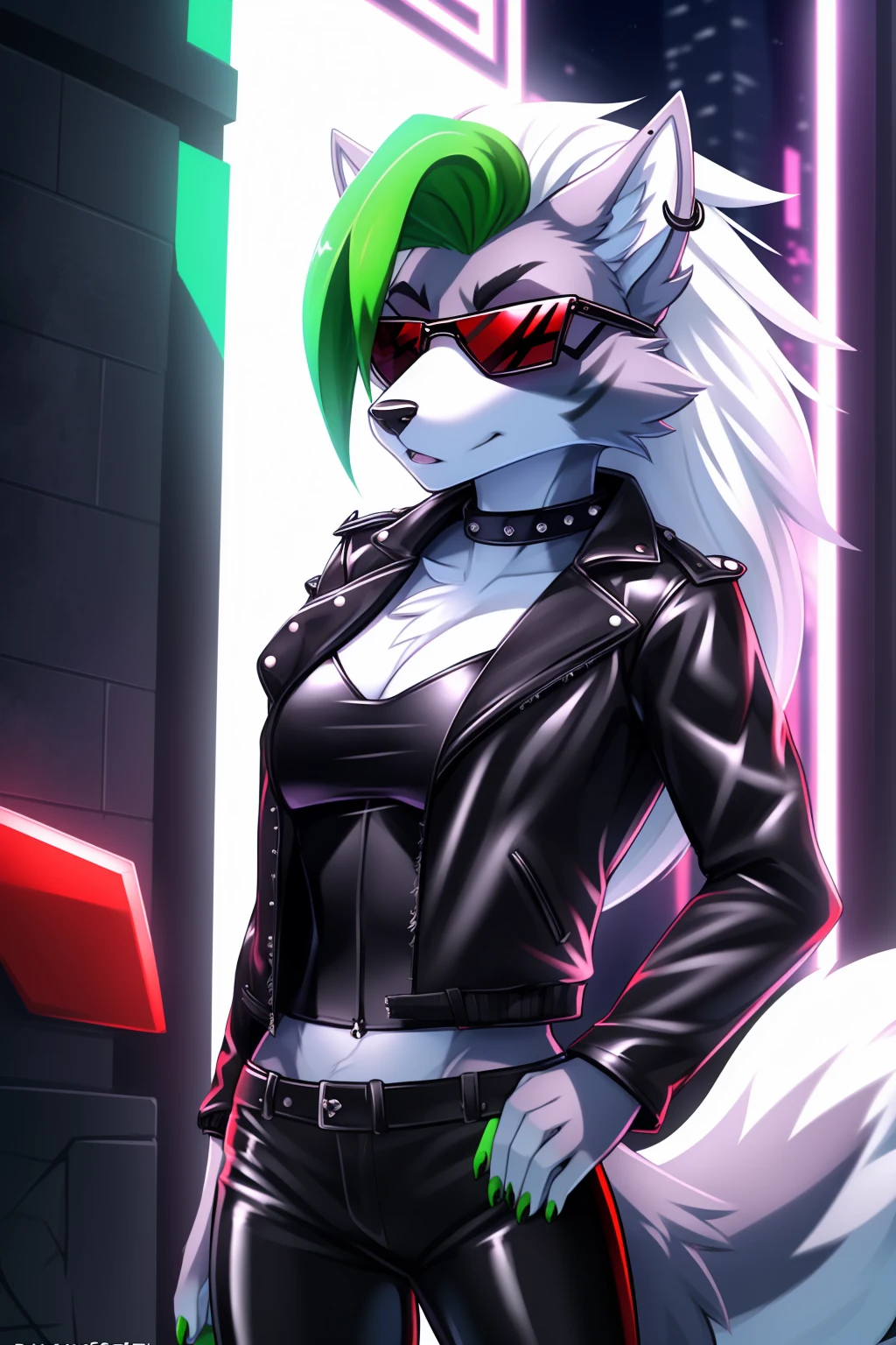 By zinfyuu on pixiv,by twistedscarlet60, uploaded on pixiv, by fluff-kevlar, (masterpiece), (best quality), (anthro furry:1.3, snout:1.2, anthro:1.3, furry:1.2, solo female:1.2), (extremely detailed:1.3), (Detailed eye part: White lens, yellow iris,black cornea), tall, slim body, grey fur, roxanne, roxanne wolf, (black leather jacket:1.5), black jacket, leather jacket, black leather pants, black pants, leather pants, (sunglasses:1.2), rectangular sunglasses, dark sunglasses, dark glasses, black sumglasses, serious face,