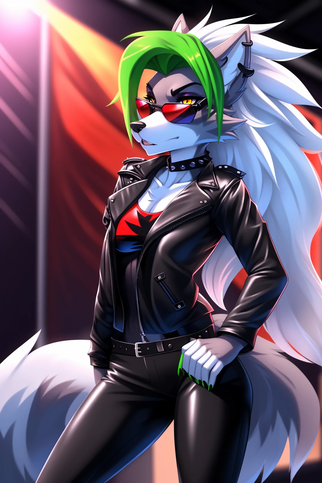 By zinfyuu on pixiv,by twistedscarlet60, uploaded on pixiv, by fluff-kevlar, (masterpiece), (best quality), (anthro furry:1.3, snout:1.2, anthro:1.3, furry:1.2, solo female:1.2), (extremely detailed:1.3), (Detailed eye part: White lens, yellow iris,black cornea), tall, slim body, grey fur, roxanne, roxanne wolf, (black leather jacket:1.5), black jacket, leather jacket, black leather pants, black pants, leather pants, (sunglasses:1.2), rectangular sunglasses, dark sunglasses, dark glasses, black sumglasses, serious face,