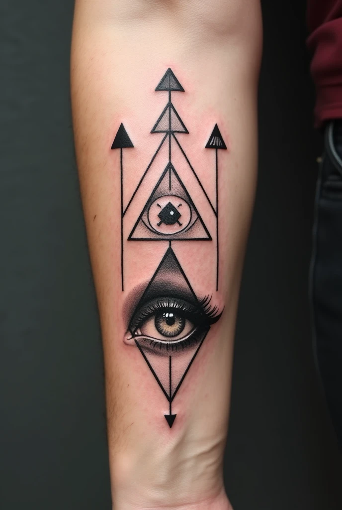 Tattoo design on the forearm composed of 3 triangles, triangles at the top and arrows in the middle of the arm, a triangle with a realistic eye in the middle and below the other another inverted triangle 


