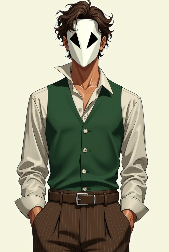 An ung adult guy, brown semi curly hair, tan skin, an average height, wearing a white mask that covers the whole face with two long black diamonds as eyes on it, a green button up suit tank top, a long sleeve white shirt that covers the shoulders, brown pants with small stripes on them