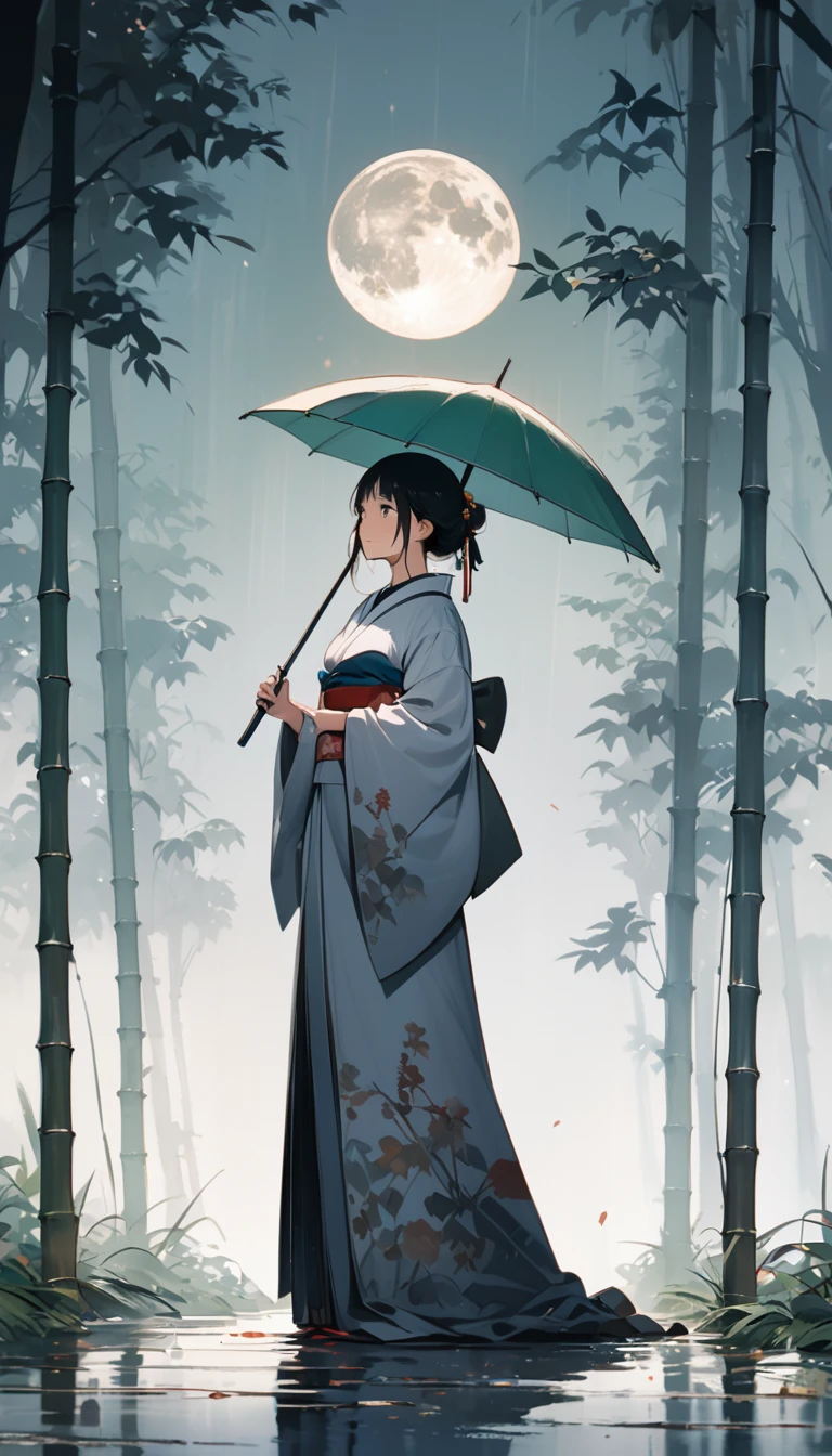 dynamic ink painting of a bamboo grove of japan, great art, great sense of depth, ground level shot, the most beautiful bamboo grove in the world, bamboo leaves shining through rainwater, moon\(pale blue\) with a light overcast,solo, beautiful 1girl\(ancient Japanese noble, beautiful kimono, beautiful long black hair\) looking up at the moon holding an umbrella,raining softly, fireflies flying around, bamboo leaves are placed three-dimensionally in the foreground, long shot,colorless,full body