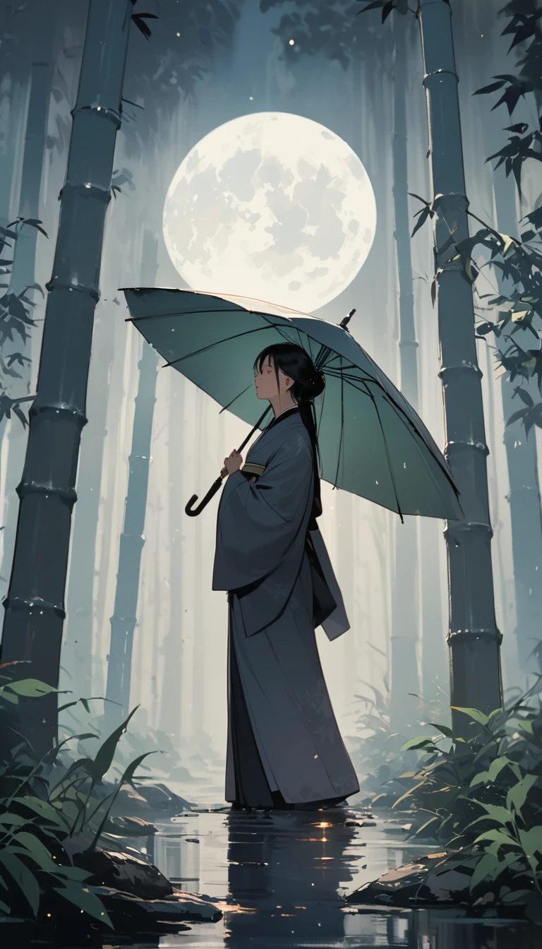 dynamic ink painting of a bamboo grove of japan, great art, great sense of depth, ground level shot, the most beautiful bamboo grove in the world, bamboo leaves shining through rainwater, moon\(pale blue\) with a light overcast,solo, beautiful 1girl\(ancient Japanese noble, beautiful kimono, beautiful long black hair\) looking up at the moon holding an umbrella,raining softly, fireflies flying around, bamboo leaves are placed three-dimensionally in the foreground, long shot,colorless,full body