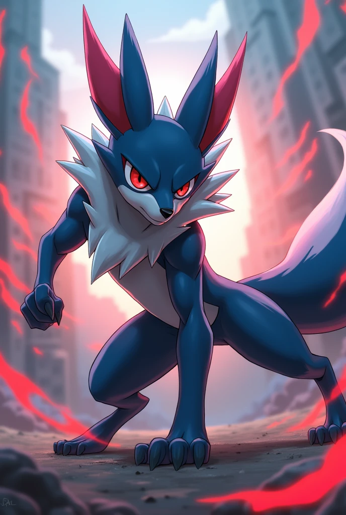 Lucario in action, determined and many fearless