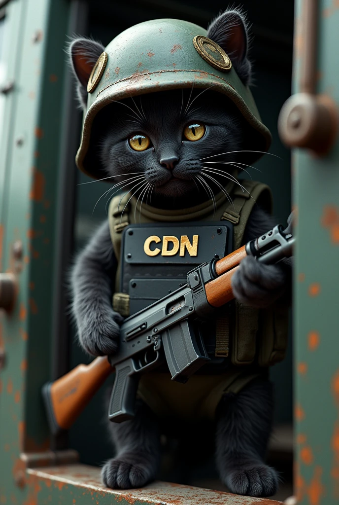 In a kitten from the cartel del noreste with a bulletproof vest and an AK on the vest, there are the initials CDN and a military helmet, a black cat in an armored truck 
