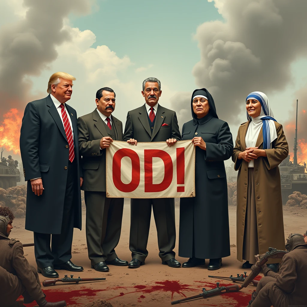 Donald Trump, Fidel Castro, maradona, Kim Jong Un and Mother Teresa of Calcutta standing together holding a banner that says ODI in capital letters, in the middle of a battle of the first world war, with soldiers, horses and tanks, blood and explosions 