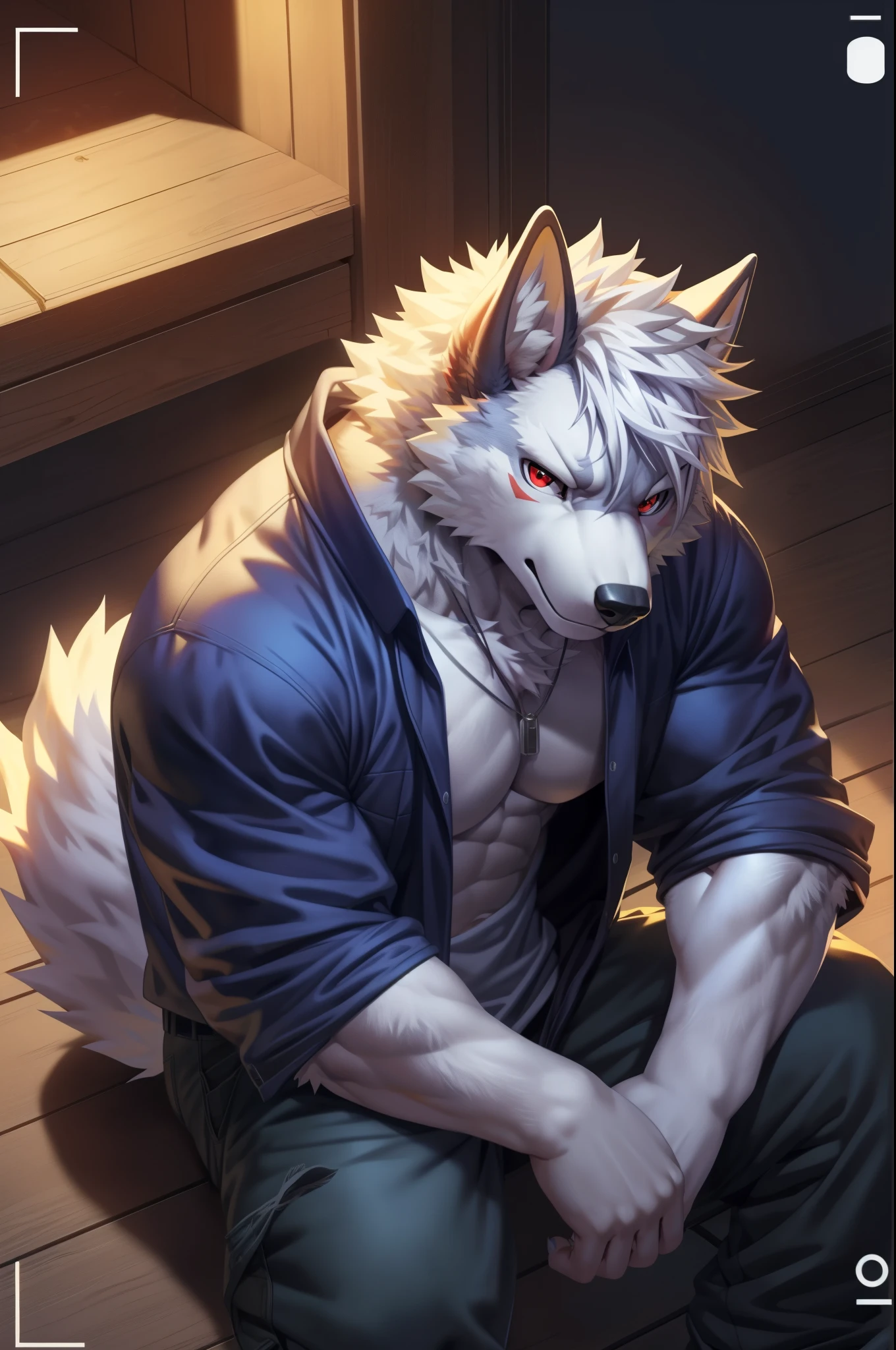 solo, anthro, furry, furry male, wolf, ((fluffy fur, fluffy, furry body)), (wolf print), lean body, slimmer frame, twink, twink body, fluffy tail, ragged clothing, red eyes, hair tuft, long hair, dirty clothing, baggy ragged clothing, baggy clothing, dark clothing, baggy ruined clothing, poor outfit, (off-white body, dirty white body, lean muscles), wolf tail, ((dirty white hair,)), (dirty white muzzle, dirty white forearms), ragged clothing, angry features, detailed fluffy fur, detailed face, detailed eyes, sitting, smaller arms, darker shadows, glowing red eye, frowning expression, (full body, round ass, fluffy ass,), (by Sollyz, by Raccoon21, by Null-Ghost masterpiece, high quality,hi res,8k hd), close-view portrait, looking at viewer, indoors, serious expression, dirty room, wooden floorboards, damaged room, orphanage room, dark dangerous room, camera view angled from above, heavy shadows, night time, moonlight, dark room, lean build, full body,