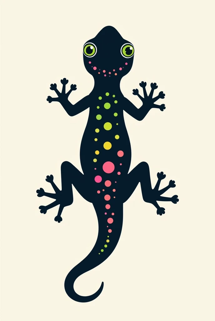 A company logo that is a black tropical gecko with some spots on the trunk of the skin in pink and yellow and green eyes and the curved cloth for application in corporate uniforms. It must be seen from above as if it were walking on the ground with all four legs facing away from the image. The animal needs to be showing the entire back of the animal towards the image with its head facing north looking into the image with its back to the observer.
