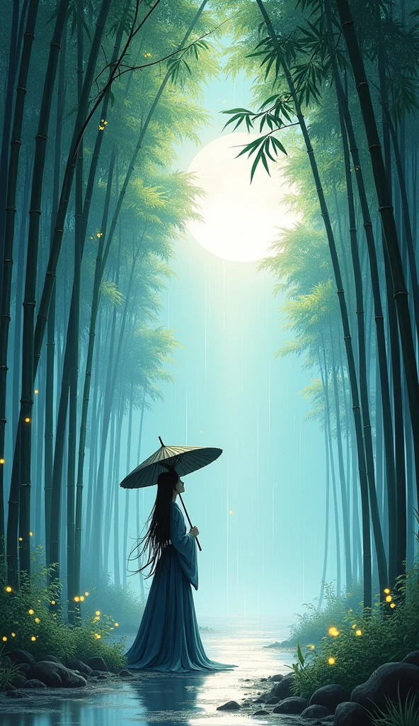 dynamic ink painting of a bamboo grove of japan, great art, great sense of depth, ground level shot, the most beautiful bamboo grove in the world, bamboo leaves shining through rainwater, moon\(pale blue\) with a light overcast,solo, beautiful 1girl\(ancient Japanese noble, beautiful kimono, beautiful long black hair\) looking up at the moon holding an umbrella,raining softly, fireflies flying around, bamboo leaves are placed three-dimensionally in the foreground, long shot,colorless,full body
