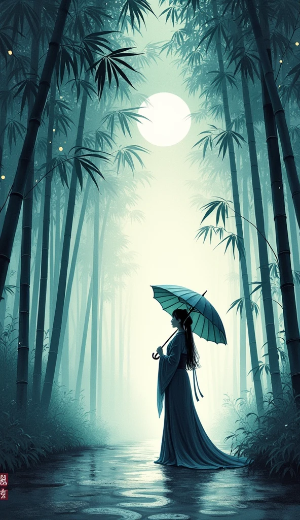 dynamic ink painting of a bamboo grove of japan, great art, great sense of depth, ground level shot, the most beautiful bamboo grove in the world, bamboo leaves shining through rainwater, moon\(pale blue\) with a light overcast,solo, beautiful 1girl\(ancient Japanese noble, beautiful kimono, beautiful long black hair\) looking up at the moon holding an umbrella,raining softly, fireflies flying around, bamboo leaves are placed three-dimensionally in the foreground, long shot,colorless,full body