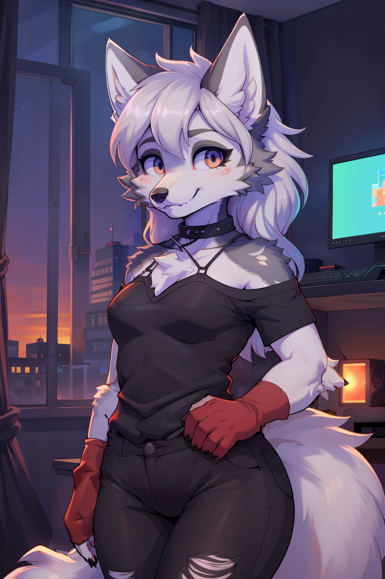 (masterpiece), ((perfect anatomy)), (high Res), (4k), wolf, huge breast, yellow eyes, wide hips, (robot), (animatronic), happy, ((red top)), ((red shorts)), narrow waist, long hair, ((((cute artstyle)))), (((solo))), ((1girl))