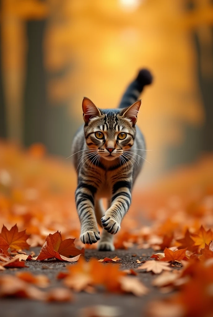 8(photorealism:1.2), Photograph of an elegant cat running along a path of orange autumn leaves, Taken with a Canon EOS R5 with a depth of field f2.8, 85mm lens, 32k resolution, natural light, and realistic details --v 5 --q 3 --uplight