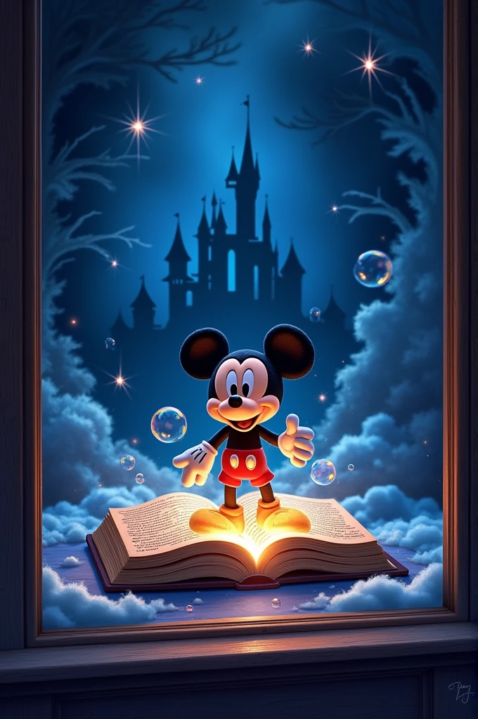 A scene from a store window. The background of the scene is dark blue with the shadow of the Disney castle and star sparkles and magic. In the center front there is a magic book that glows and radiates magic., Above the book there is a Mickey plush toy which is the product to be sold in the window. Add some clouds and bubbles